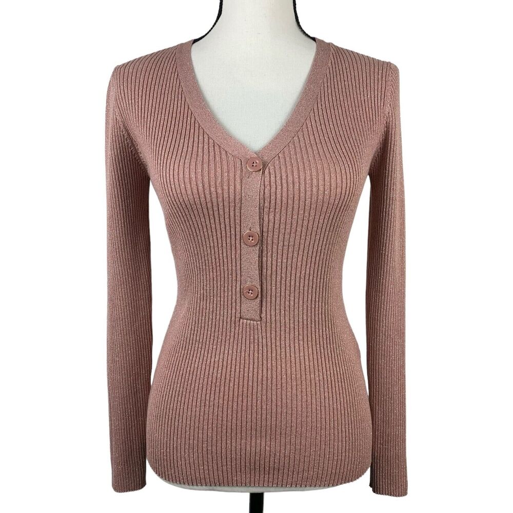 White House Black Market Mauve Pink Ribbed V-Neck Sweater